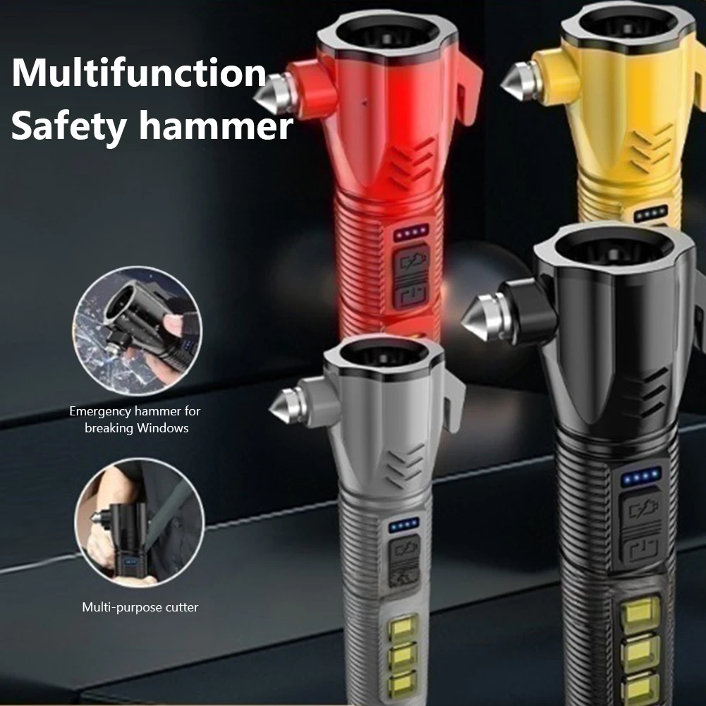 Multi-functional LED Flashlight COB Safety Hammer Lifesaving USB Charging With Magnet Emergency Life-saving Camping Flashlight