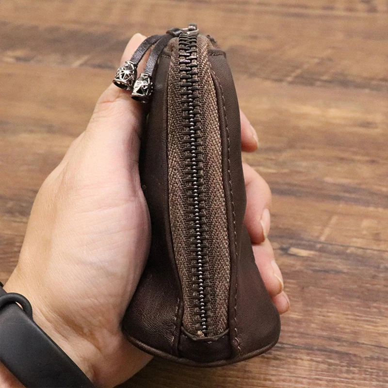 Genuine Leather Key Wallet for Men Short Vintage Handmade Zipper Car Key Holder Coin Purse Card Case Bag Organizer Housekeeper
