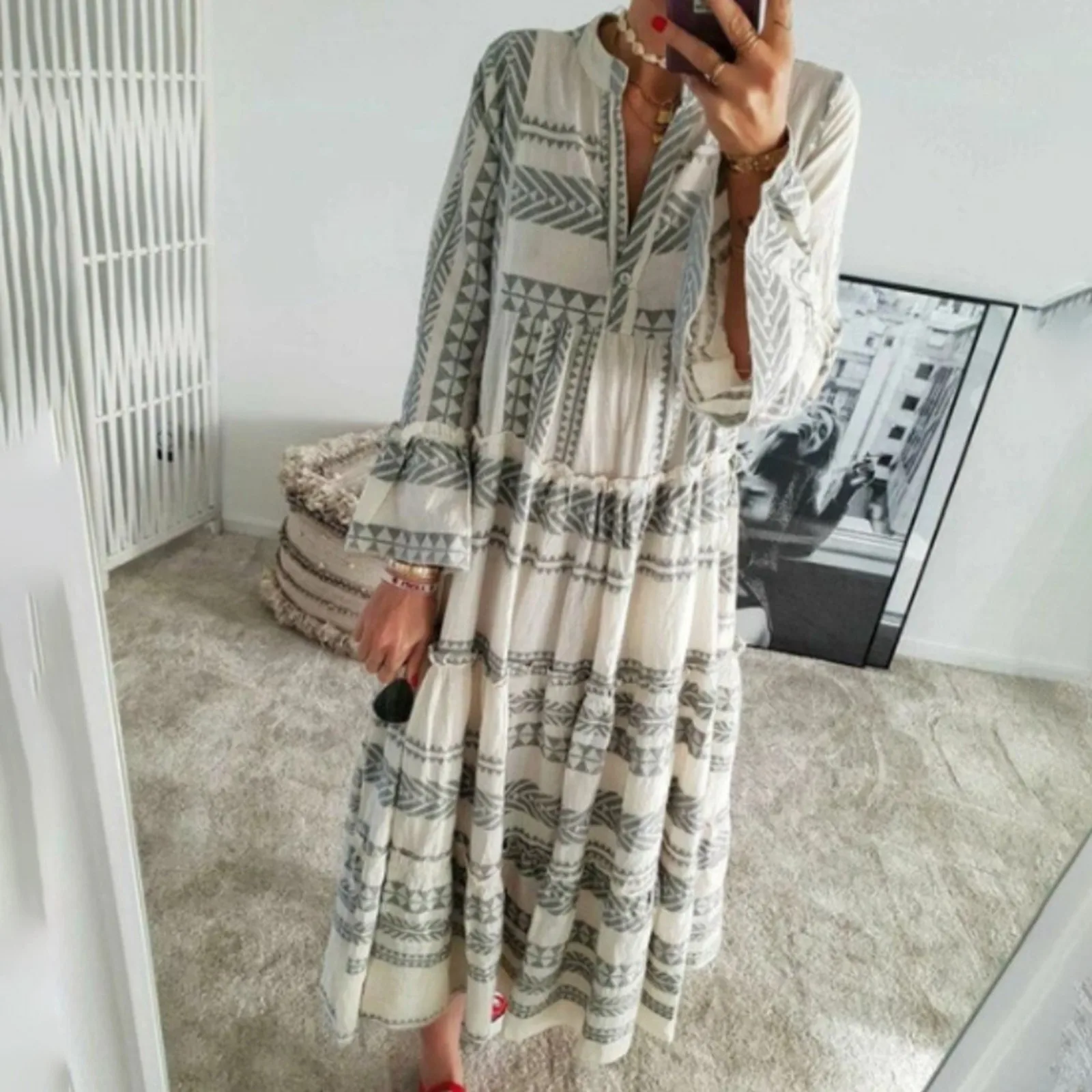 

Fashion Geometric Print Dress Women Flare Sleeve V-neck Dress Summer Beach Vacation Casual Loose Ladies Ruffles A-Line Dresses