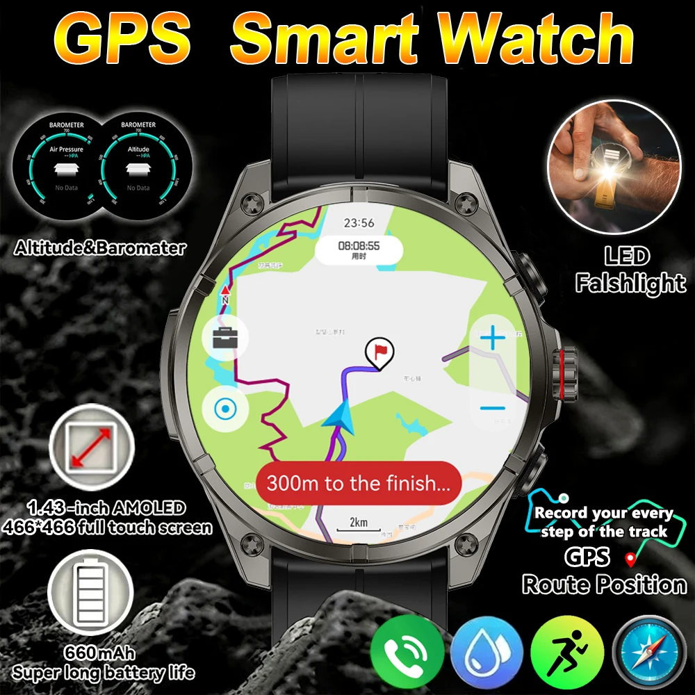 

New Military Men Smart Watch GPS Flashlight Compass 5ATM Waterproof 660Mah Battery Tactics Sport Flashlight BT call Smartwatch