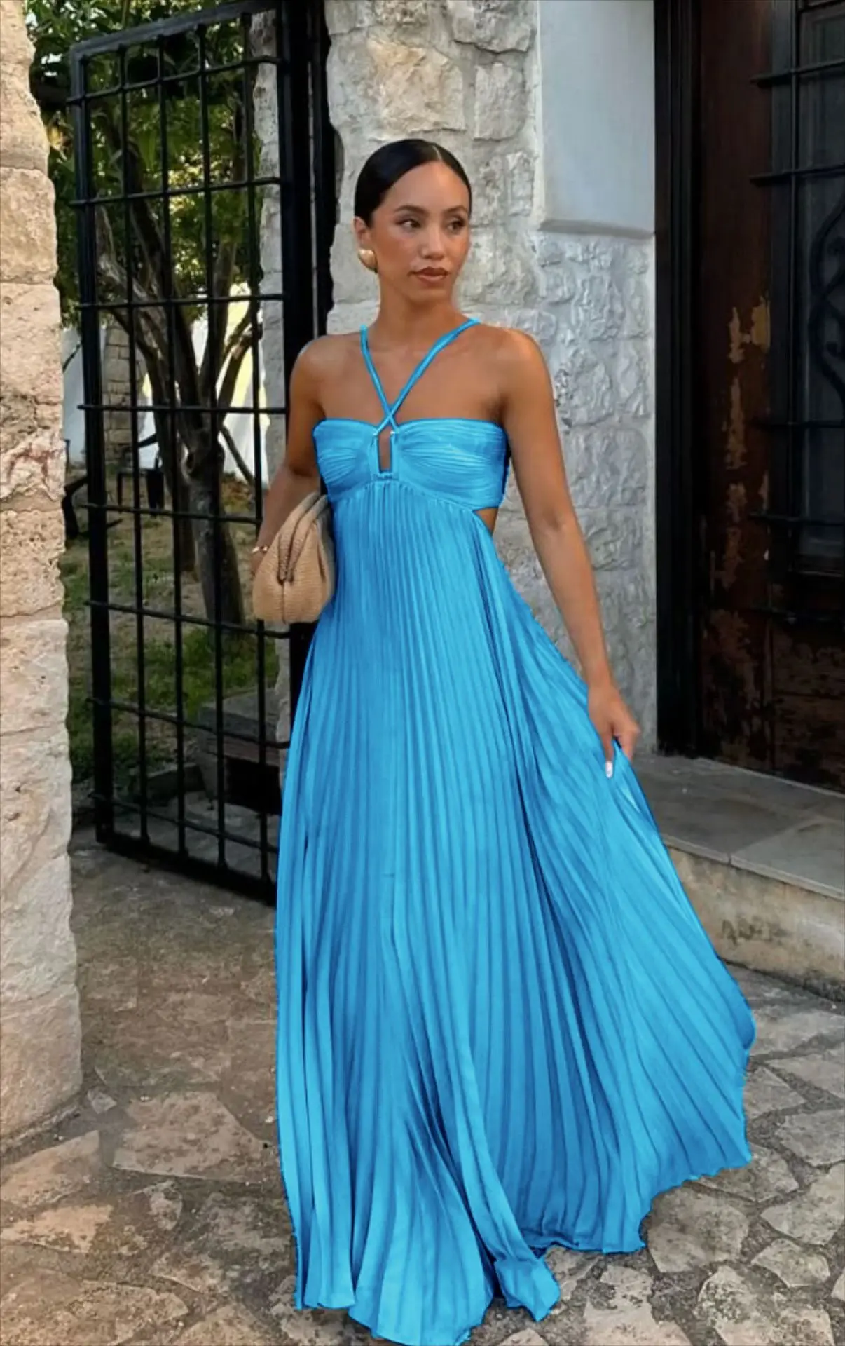 Blue Pleated Halter Long Dress Women's Solid Sleeveless Backless Lace-up Maxi Dress Summer Beach Vacation Evening Party Vestidos