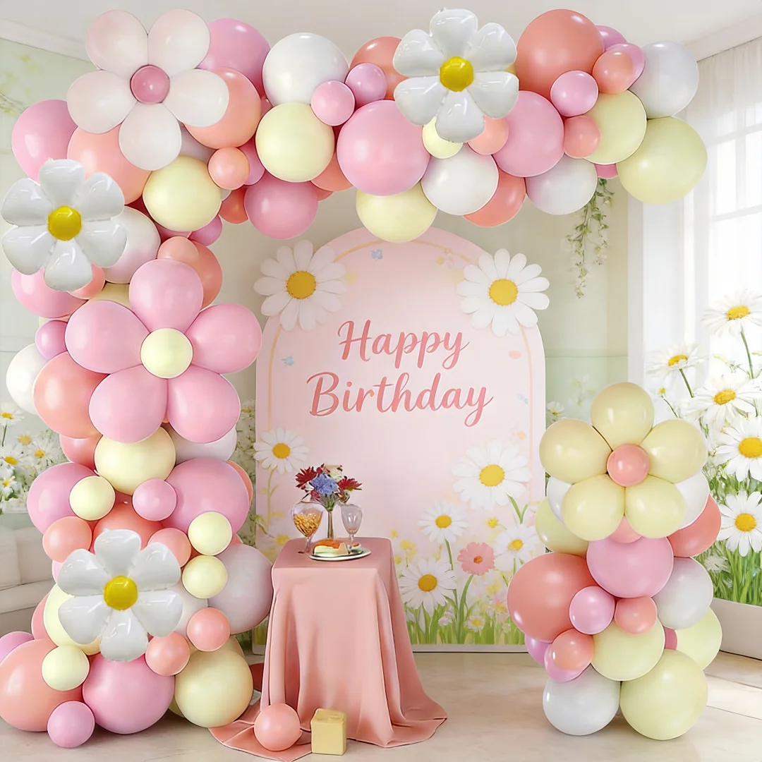 120-teiliges Rosa Gänseblümchen-Ballonbogen-Set, Gänseblümchen-Folienballons Kombiniert mit Macaron-Rosa, Gelb und Orange Ballon-Kombinationen, Ideale Wahl für Frühlings-Geburtstagsfeiern, Babypartys,