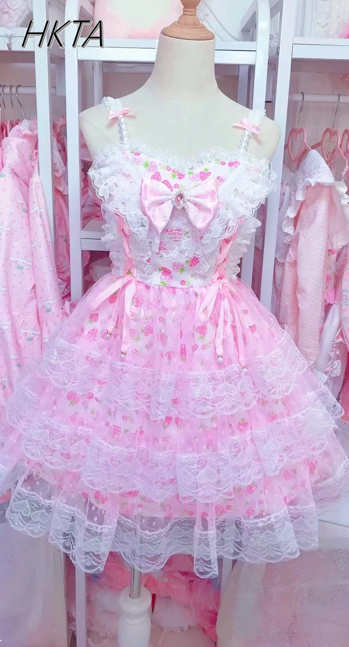 

Оригинальное кавайное эстетичное милое платье принцессы Лолиты, женское милое платье с клубничным принтом, новое жемчужное сетчатое кружевное платье с бантом на подтяжках