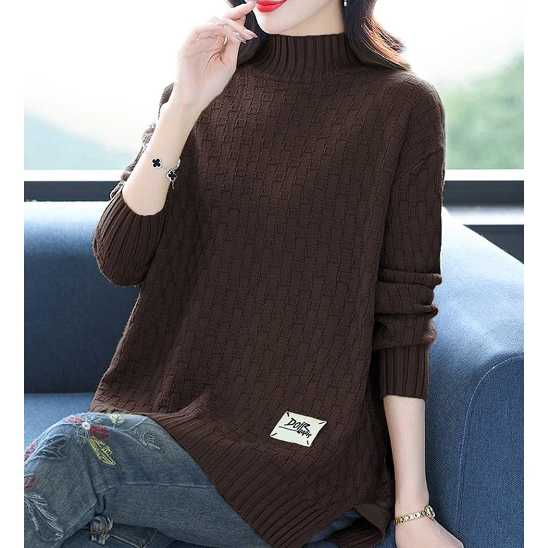 Half High Neck Sweater For Women Autumn Winter Korean Loose Large Size Knitted Sweater Pullovers Female O-Neck Jumper Full Tops