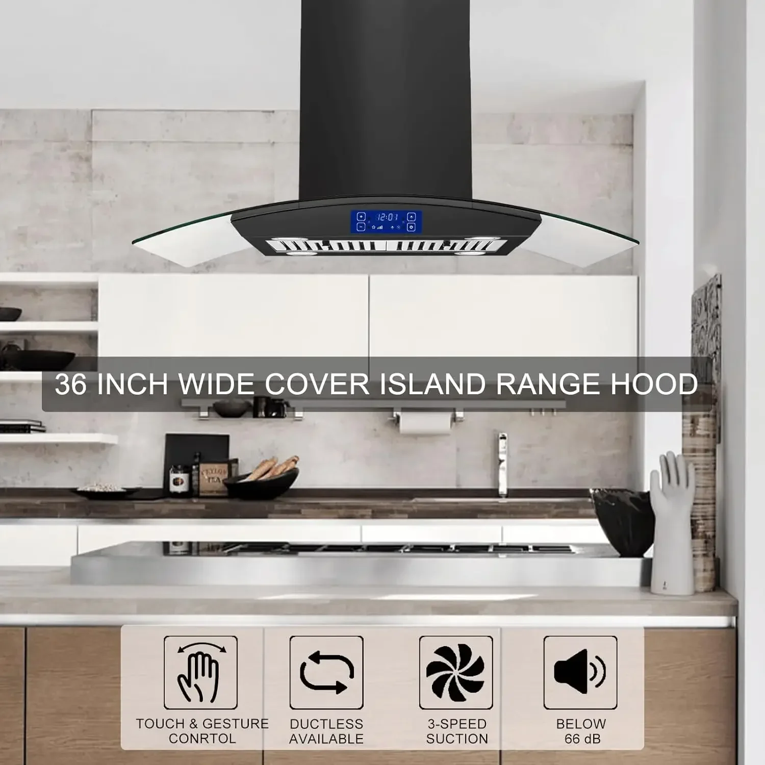 36 inch Island Range Hood 700CFM Black Painted Stainless Steel, Gesture & Touch Control Panel Ceiling Mount Kitchen Vent