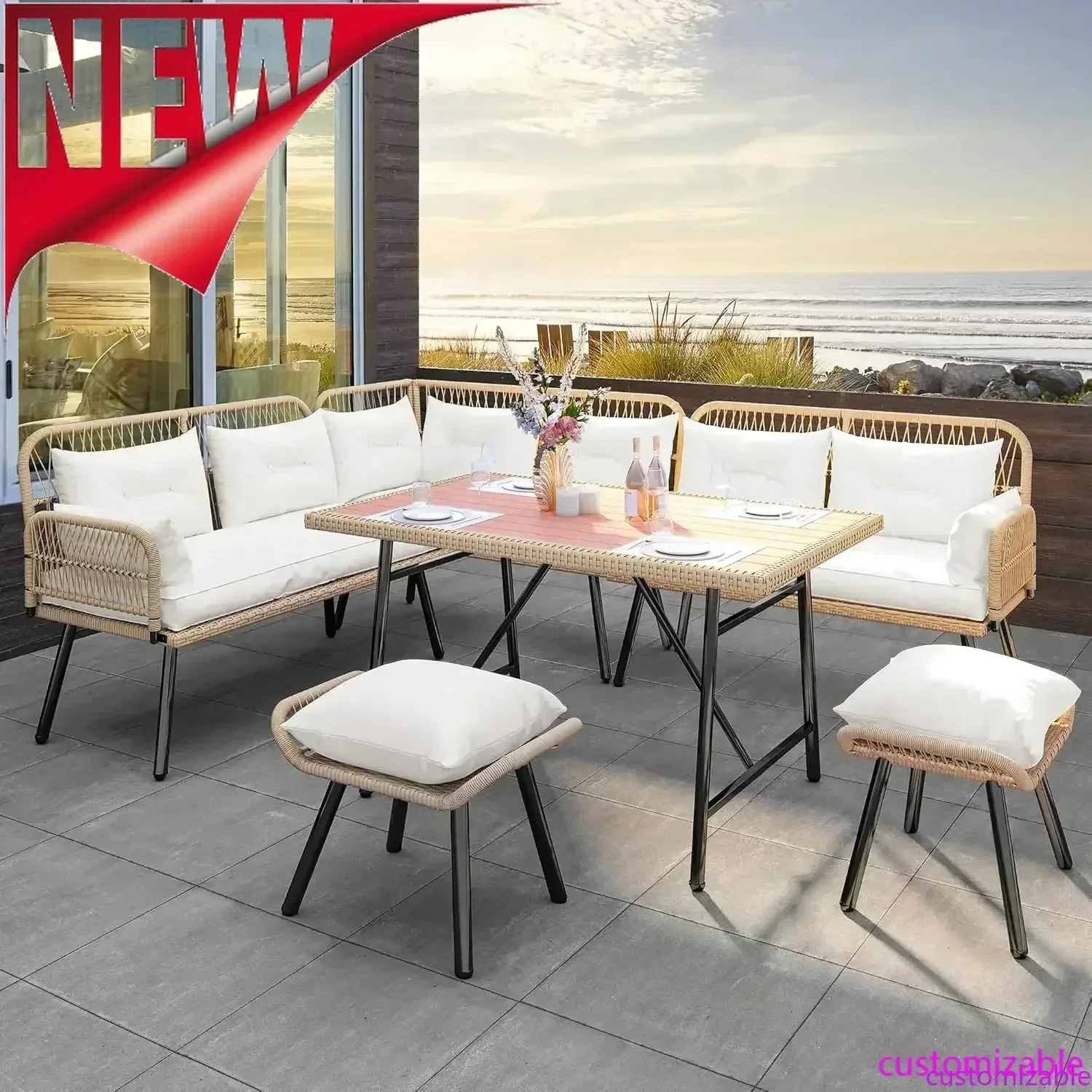 

Настраиваемый L-образный комплект мебели для патио, уличный диванный гарнитур для бесед на открытом воздухе для террасы с мягкими подушками