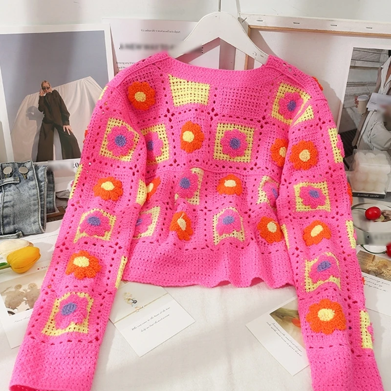 E56A Women Crochet Colorblock Embroidery Flower Sweater Crop Top Long Sleeve Cardigan