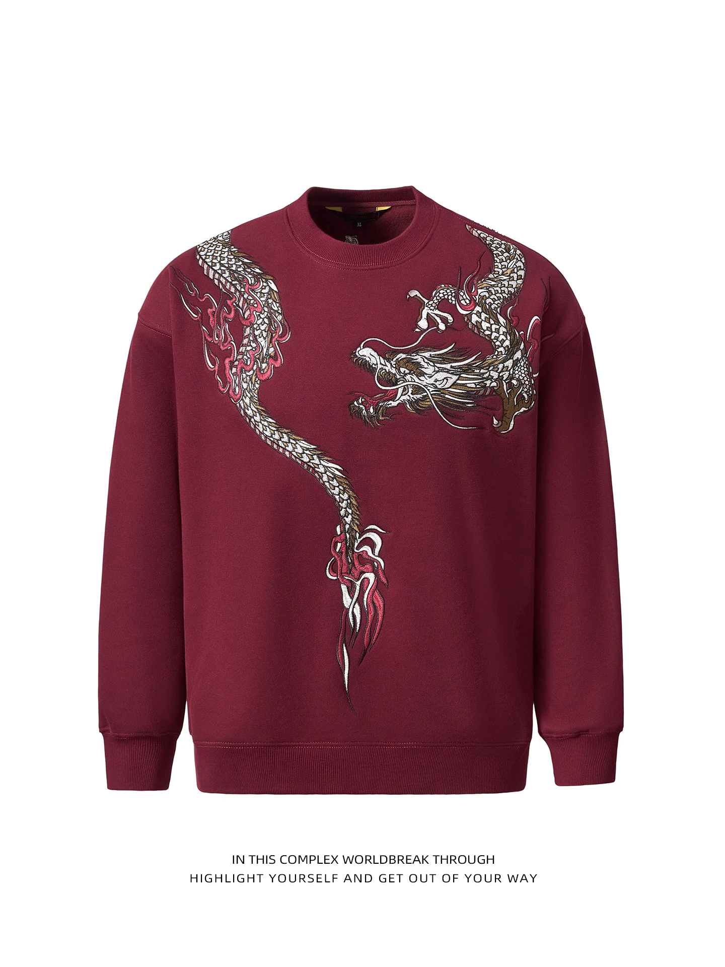 Heavy-Embroidered Dragon Fleece-Lined Hoodie Men's Loose Long-Sleeve Red New Year round Neck Sweatshirt Comfortable Casual Wear