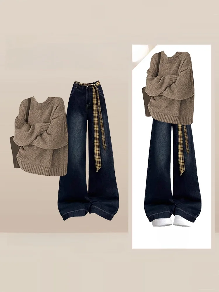 

Зимний вязаный свитер Maturi для женщин: новый свободный кофейный топ с круглым вырезом и комплект с широкими джинсами – модный повседневный образ