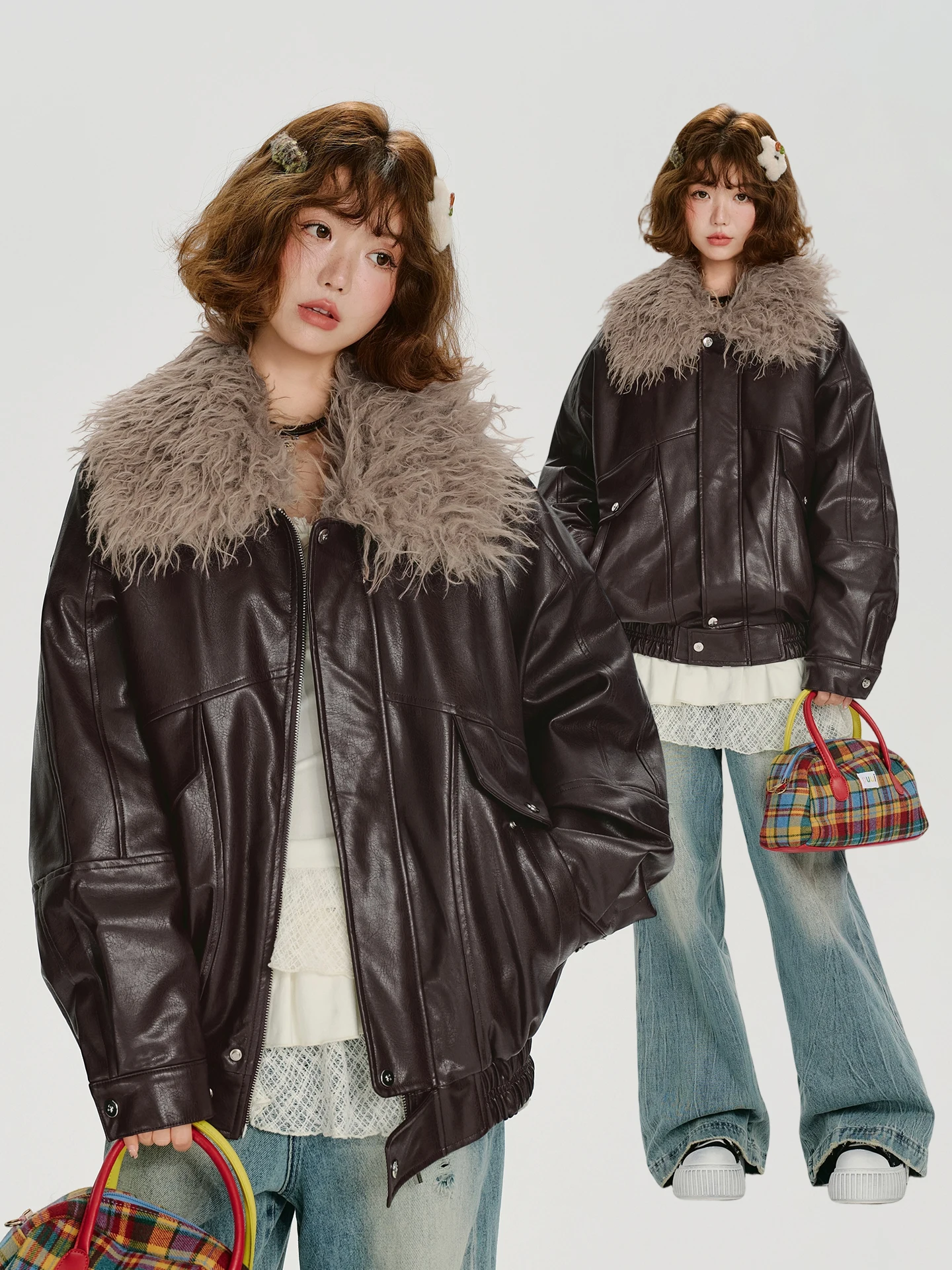 เสื้อแจ็คเก็ตหนังผู้หญิงสไตล์อเมริกันย้อนยุค แต่งปกขนสีน้ำตาล ดีไซน์หลวม ทันสมัย สำหรับฤดูใบไม้ร่วงและฤดูหนาว รุ่นใหม่ล่าสุด