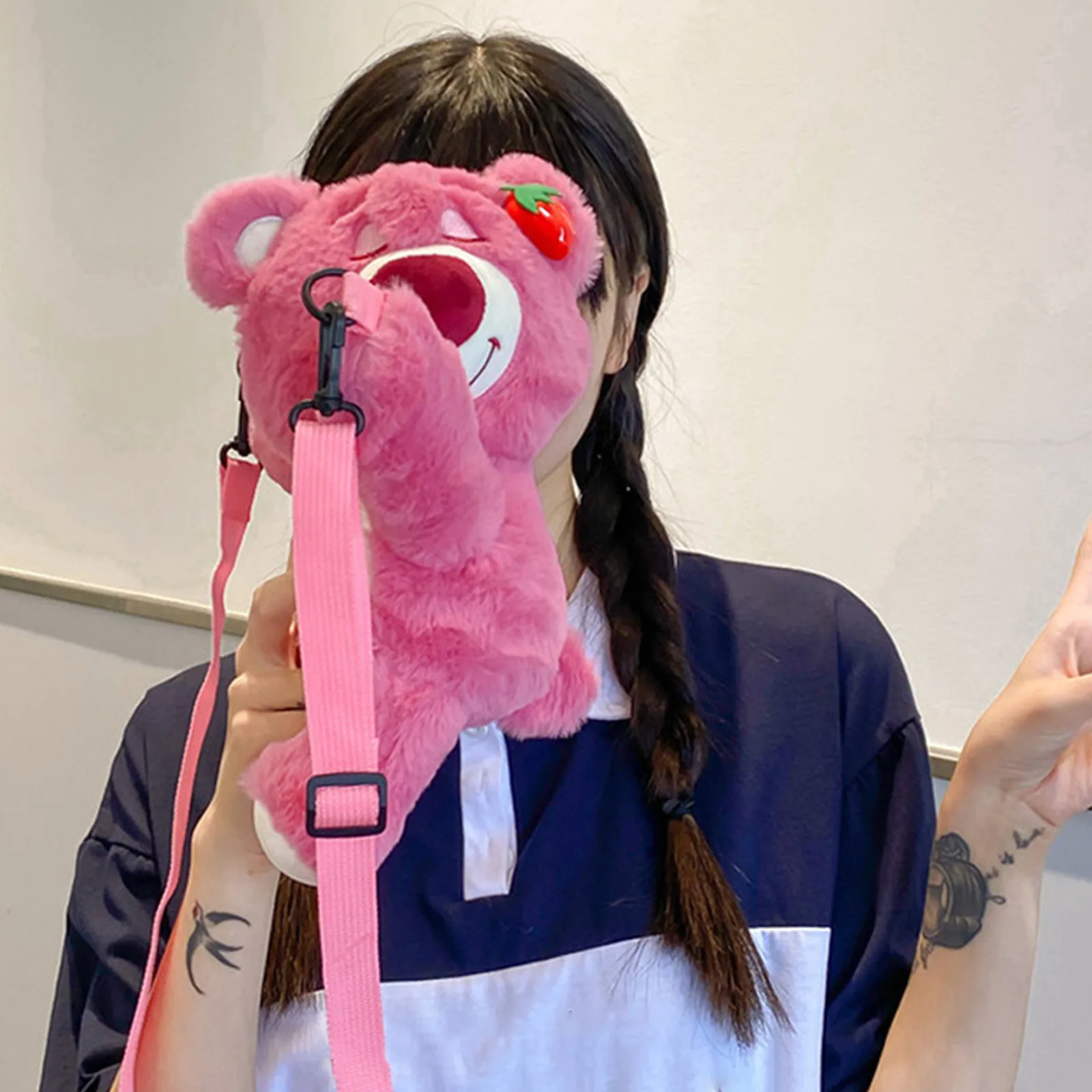 Adorable Plush Bag For Kids, Cartoon Strawberry Bear Design, Perfect Crossbody Bag For Little Girls, Soft And Cute