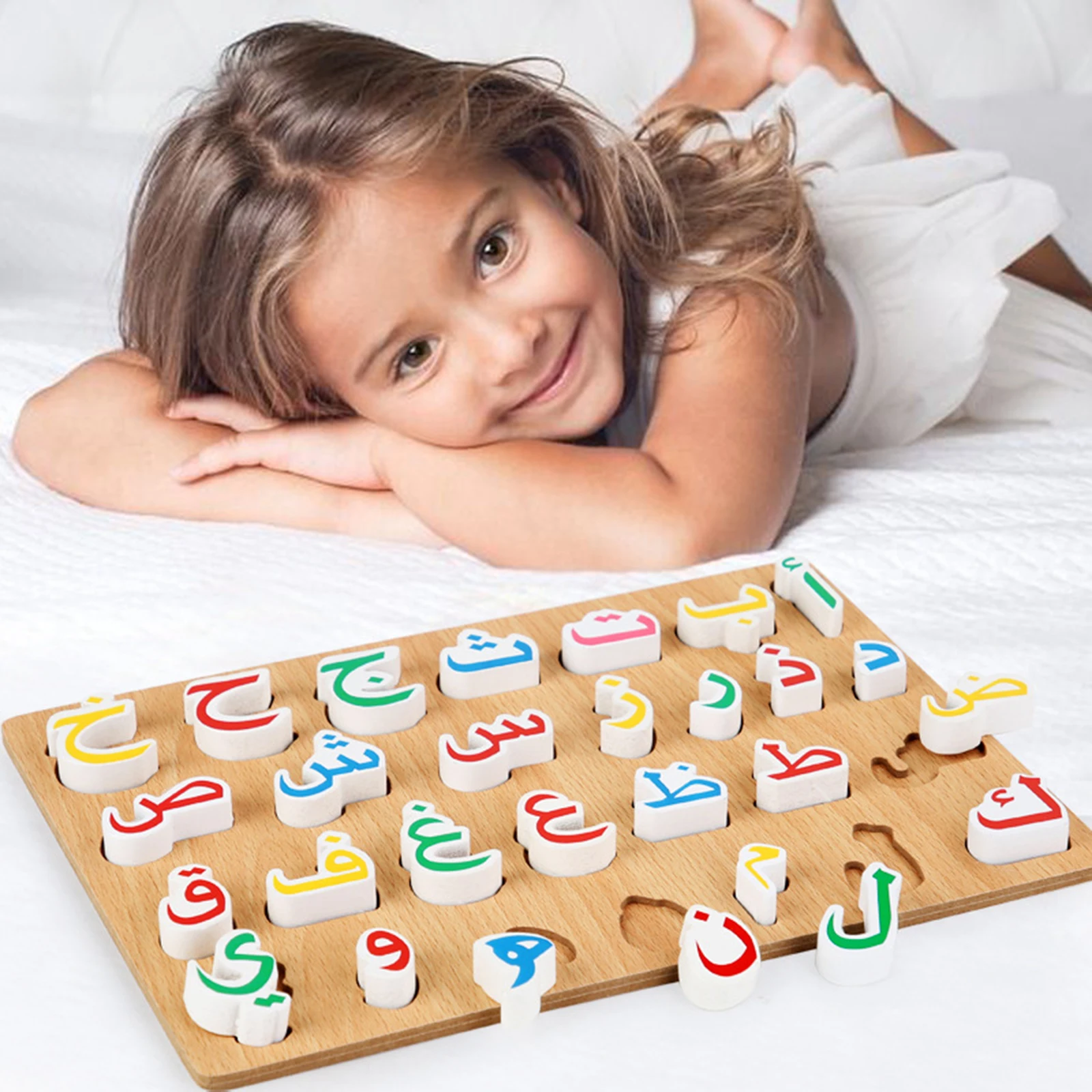 Wood Toddlers Arabic Alphabet Puzzles Board for Children to Learn Arabic Preschool Gift Children Montessori Toy Teaching Tool