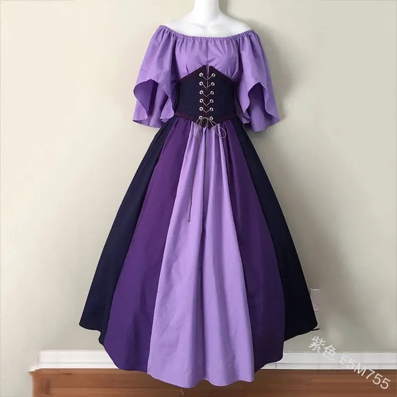 Women Fashion Renaissance Victorian Dress Short Sleeve Patchwork Ball Gowns Vampire Dress Historical Stage Medieval Maxi Dress