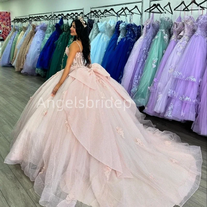 Angelsbride Vestidos De 15 Años Light Pink Ball Gown Quinceanera Dresses With Bow Appliques Beading Princess Girl Party Dress