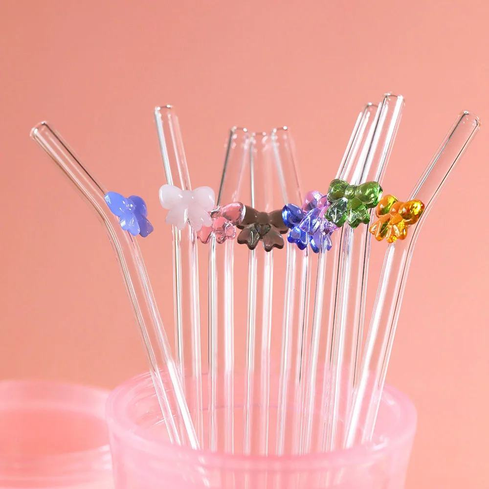 

Reusable Drinking Straws Clear Glass Cute Straws Colorful With Cleaning Brush Butterfly Heat-Resistant Colorful Juices Smoothies
