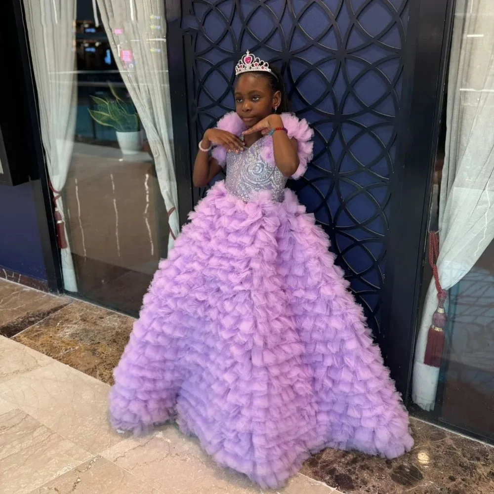 Robes de demoiselle d'honneur lavande pour mariage, avec des Appliques en dentelle, à volants à plusieurs niveaux, robe de fête d'anniversaire, robes de première Communion personnalisées