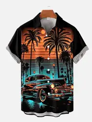 1970S-1980S Vintage Car Poster Hawaiian Beach Cowgirl Printing Short Sleeve Shirt Fashion Retro Hawaiian Shirt For Men Hrajuku