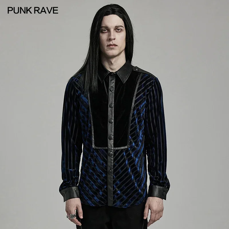 PUNK RAVE Men\'s Cool Handsome Solid Color Velvet Spliced Military Shirt Punk Fitted Tops Men Clothing