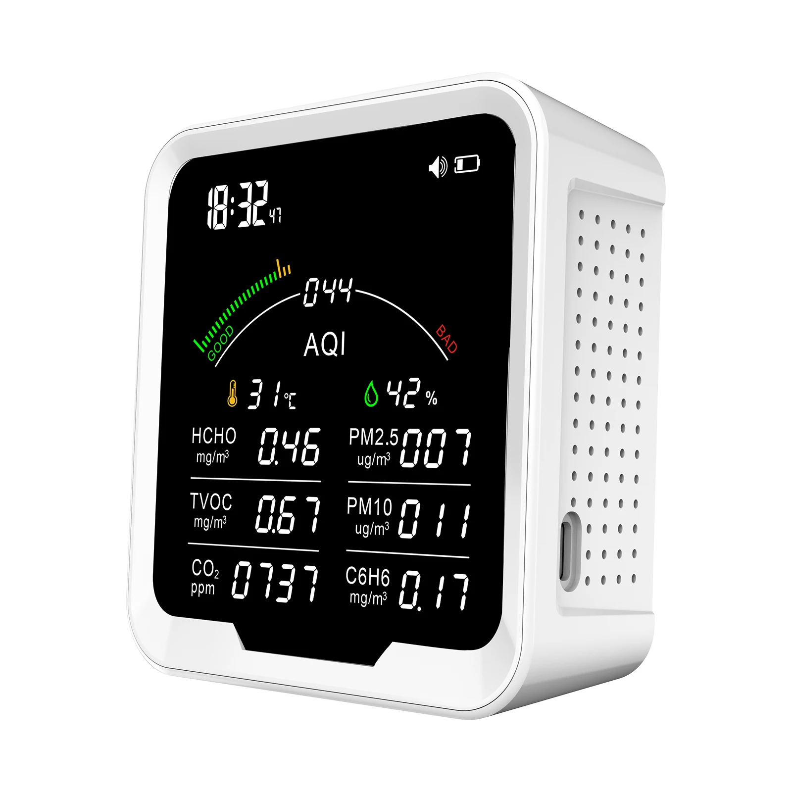 Imagem -03 - Protmex Hcho Detector C6h6 Tvoc Pm2.5 Pm10 Co2 Monitor Termômetro Higrômetro Relógio Digital Alarme Medidor de Dióxido de Carbono Pth 9b