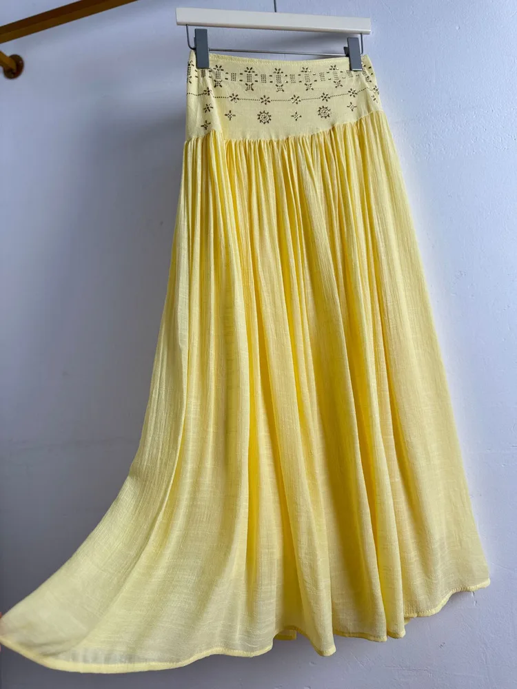 2026 Summer Women Cotton-linen Heated Diamonds Large Hem Midi Skirt Versatile Slimming Beach Vacation Dress