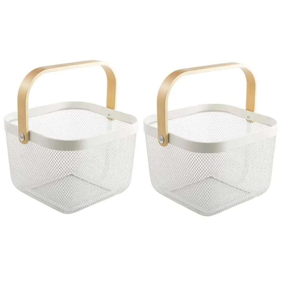 

Pack Metal Mesh Steel Basket, Storage Organizer Basket Multifunction Hanging Kitchen Baskets Fruit Basket Bin with Wood Handle f
