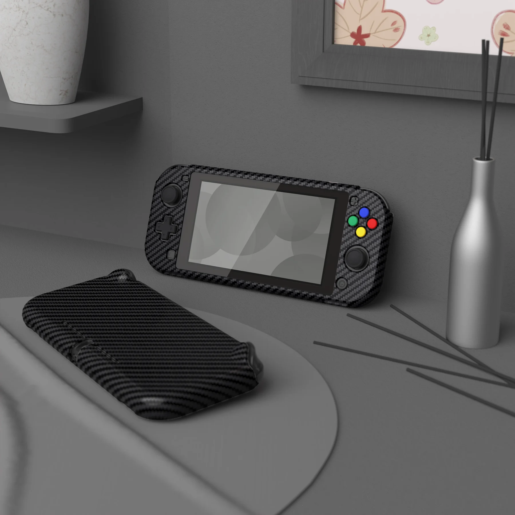 PlayVital carcasa dura protectora para Nintendo Switch Lite, funda con Protector de pantalla y empuñaduras para el pulgar, fibra de carbono grafito