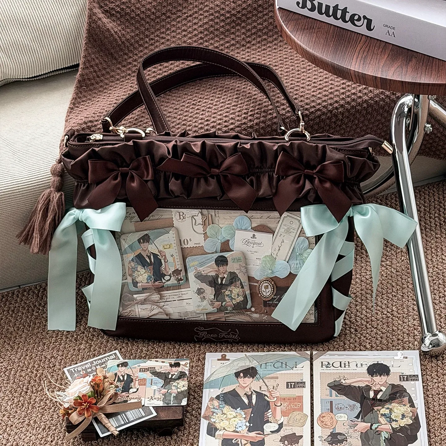 Japanese Sweet Cute Lolita Bow Satin Ruffle Edge Pearl Portable Lta Bag Women's Large-capacity Computer Book Shoulder Bag Girl
