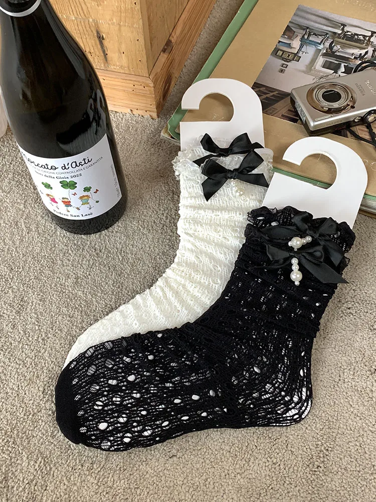 Tube Socks Black Women's Rhinestone Bow Hollow-out Short Solid Color Ballet Girl Leg Shaping Thin White Four Seasons Universal