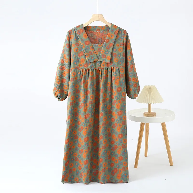 New Summer Ladies Dress 100% Cotton Nightdress Three Quarter Sleeve Skirt Thin V- Neck Simple Vintage Home Long Length Dress