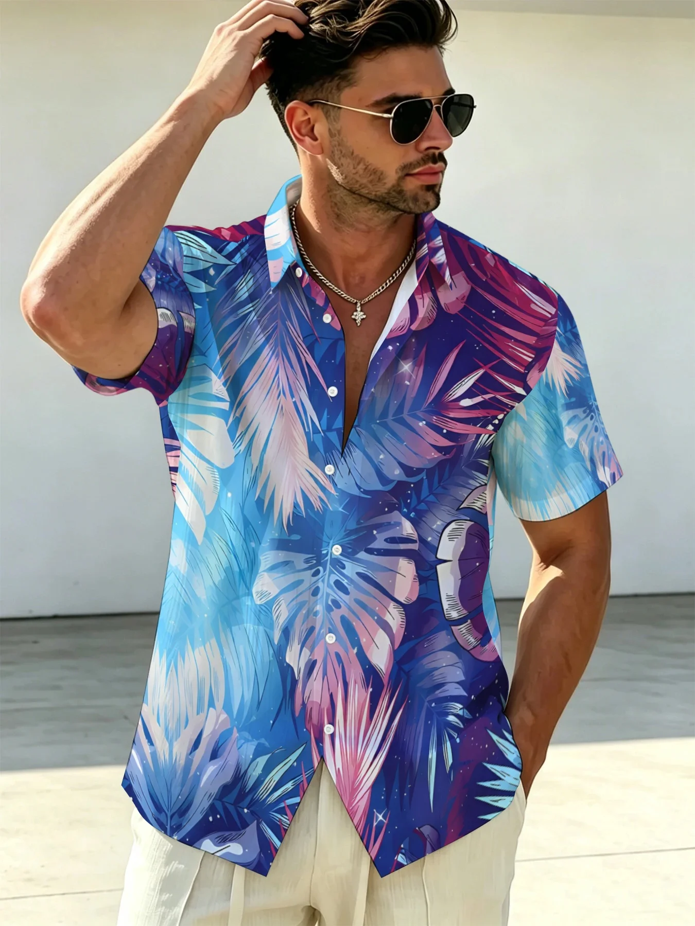 Summer vacation beach leisure party gradient purple-blue tropical palm leaf printed Hawaiian short-sleeved 3D shirt