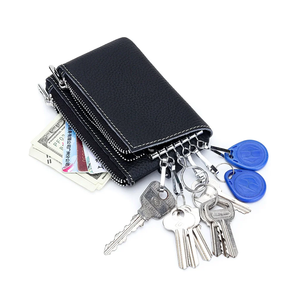 Double-layer Zipper Key Pouch Card Holder Genuine Leather Unisex Key Wallets Organizer Bag Housekeeper Door Keychain Coin Purse