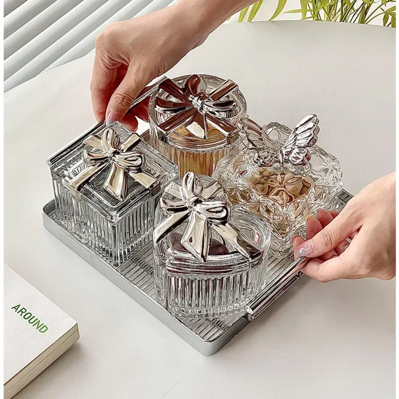 Light Luxury Dried Fruit Plate Four Compartments With Lid Candy Box Embossed Texture Dim Sum Dish Two Ear Handle Decoration Tray