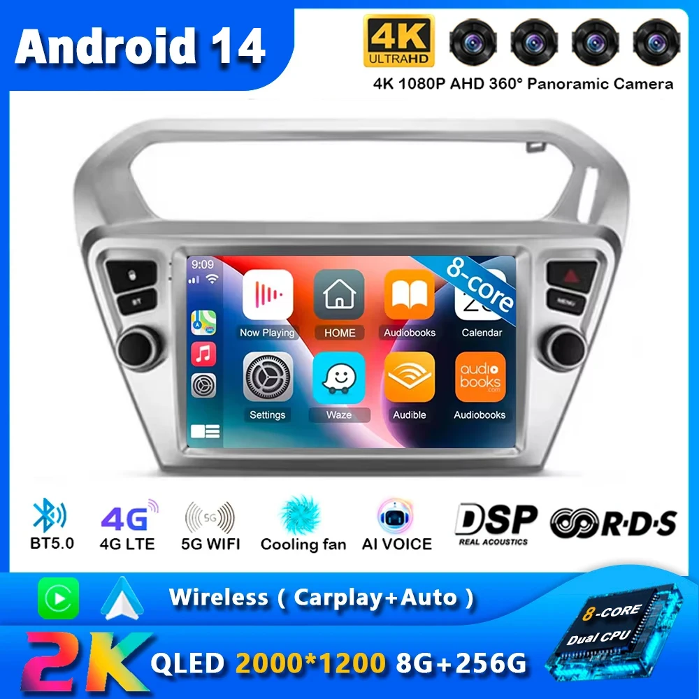 Android14 Car Radio Carplay For Peugeot 301 For Citroen C-Elysee CElysee 2012-2016 Multimedia Screen Display GPS Accessories DVD