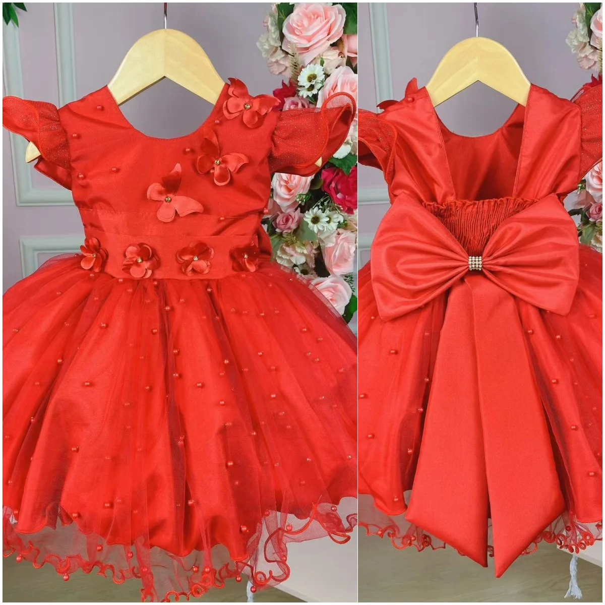 3D Butterfly Appliques Flower Girl Dresses for Wedding Pearl Ruffles Girl Kids Birthday Party Princess First Holy Communion Gown