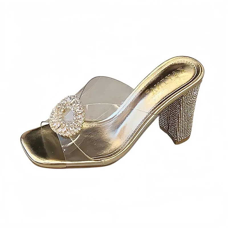 

Gold Sandals For Woman Heels Black Slippers Summer Rhinestones Heeled Ladies Shoes Clear Female Sandals 2026 New Arriavl