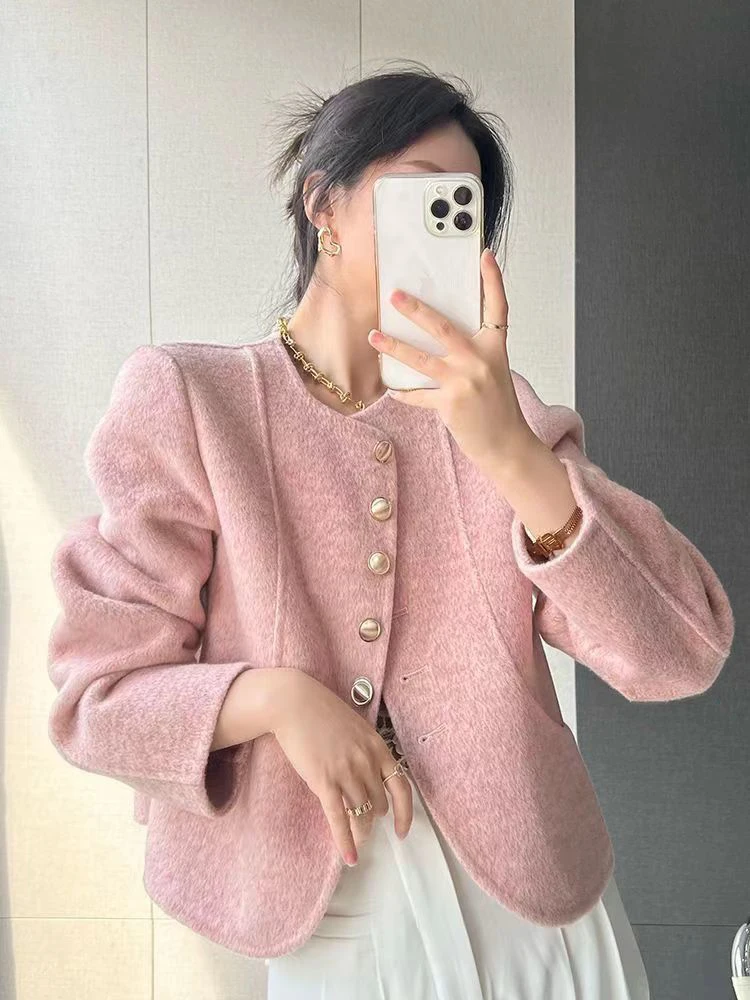 

Zoki Sweet Pink Tweed Jacket Women French Elegant O Neck Casual Coat Fashion Long Sleeve Single Breasted Fall Winter Female Tops