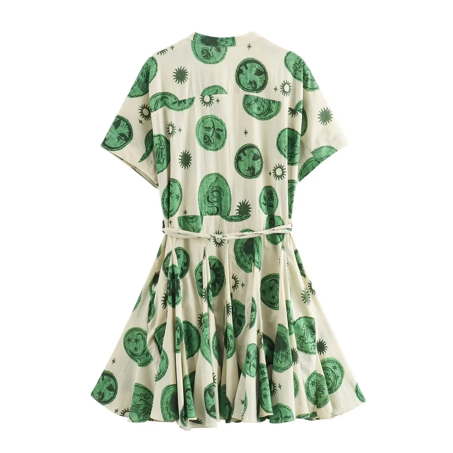 Women's 2024 New Fashion Belt Decorative Printed Wide pleated Poplin Mini Dress Retro Short Sleeve Button up Women's Dress Mujer