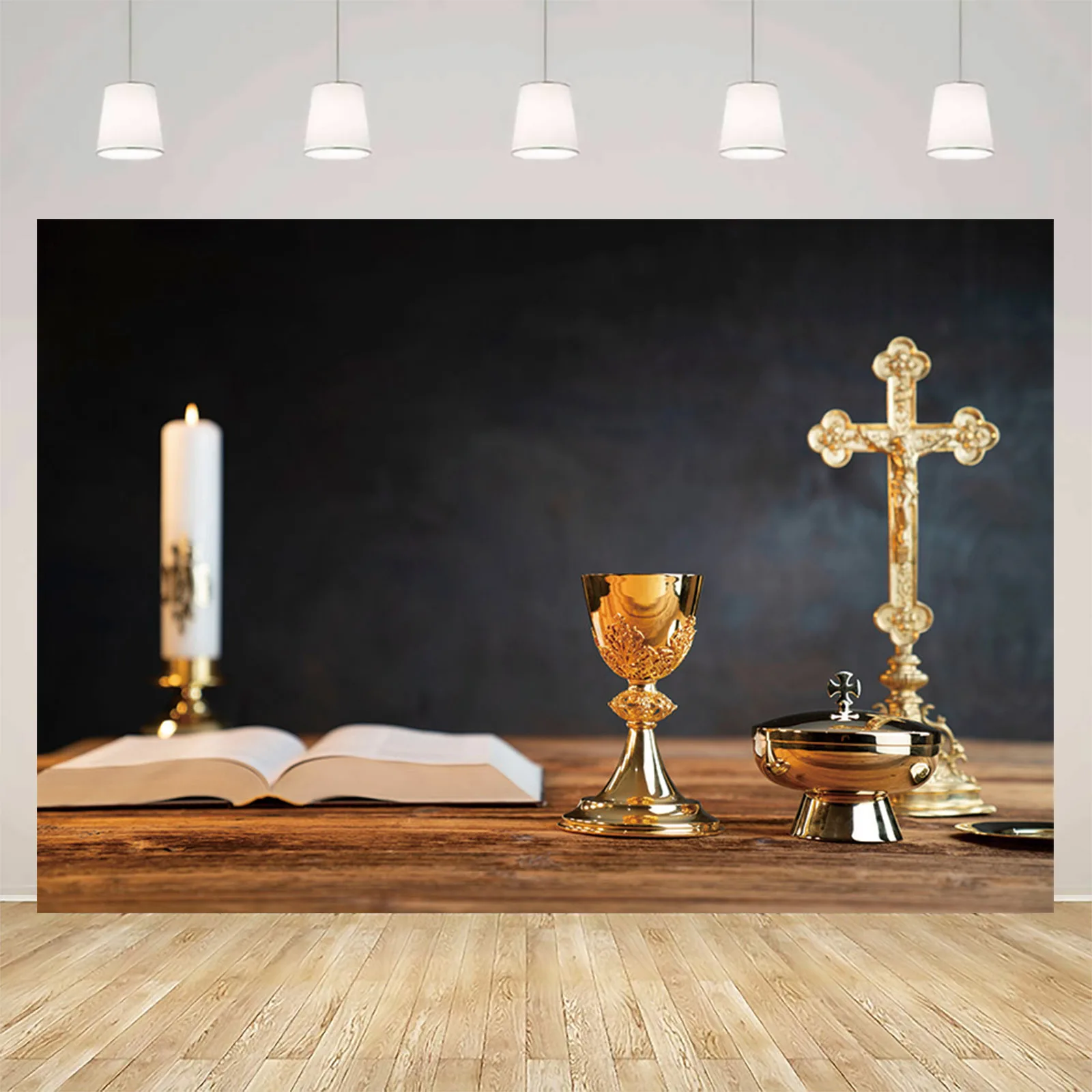 God Bless Baptism Photography Background Book and Gold Cross Candlestick Backdrop First Communion Christian Party Decorations