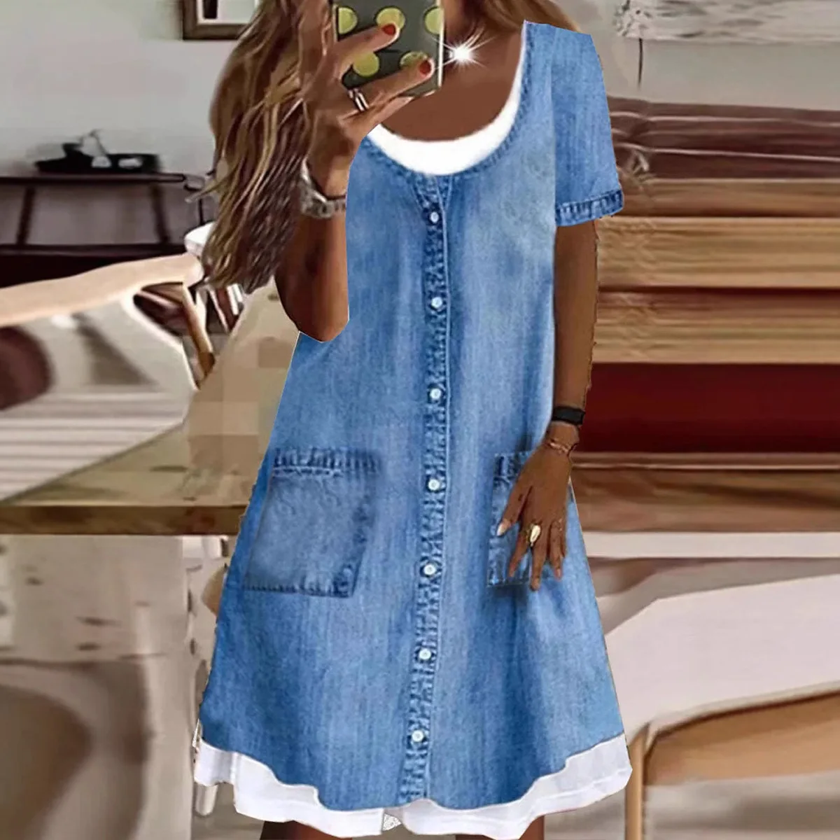 

Loose and fashionable fake two-piece denim dress A-shaped skirt, simple temperament, elegant and versatile, high-end vacation st