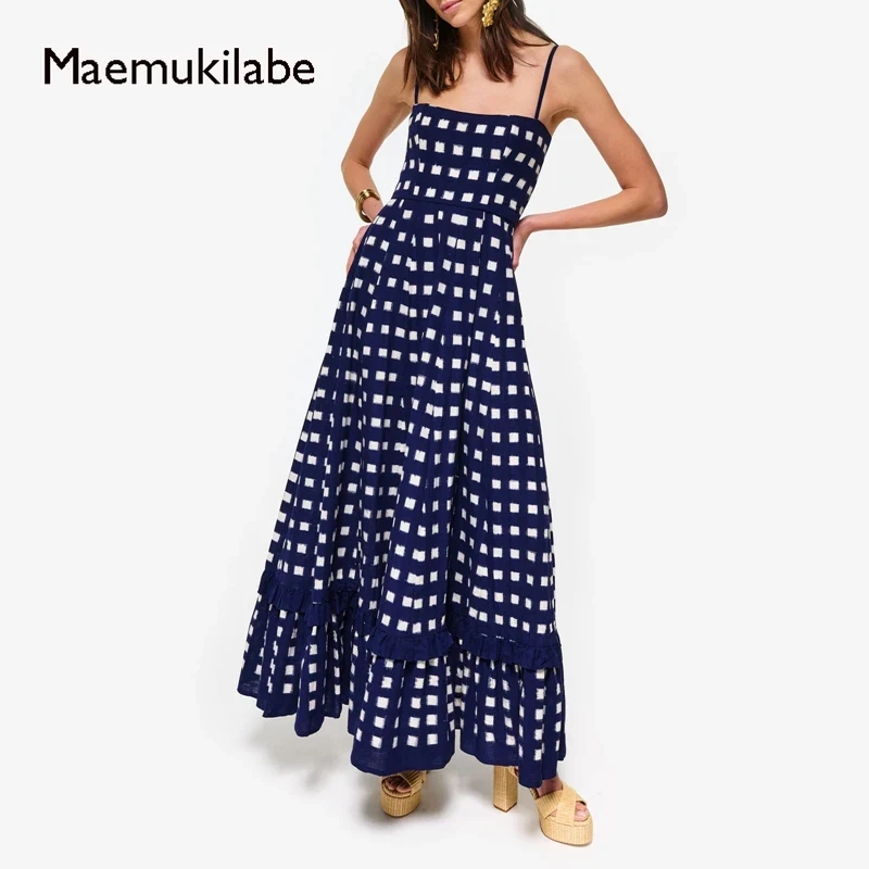 

Maemukilabe Boho Beach Vintage Plaid A-line Dress Checkerboard Print Ruffles Trim Flowy Dress Women Spaghetti Strap Maxi Dress