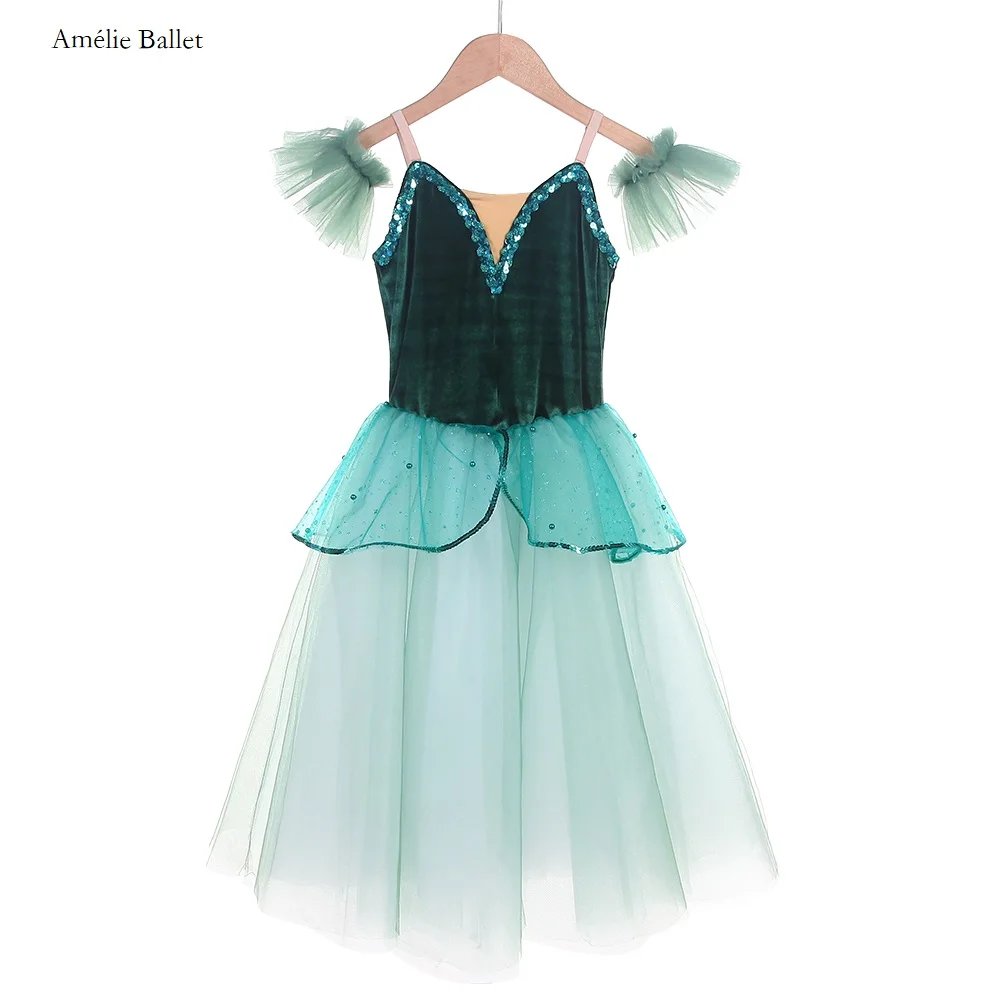 

24052 New Ballet Costumes Green Velvet Bodice Romantic Long Ballet Tutus Girls & Women Stage Performance Dance Costumes