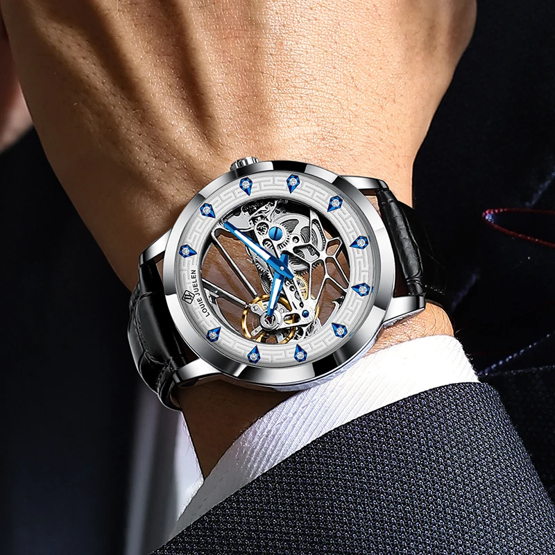 موضة جديدة الهيكل العظمي ساعة ميكانيكية العلامة التجارية الفاخرة الرجال Steampunk شفافة الجوف ساعة أوتوماتيكية الرجال Relogio Masculino