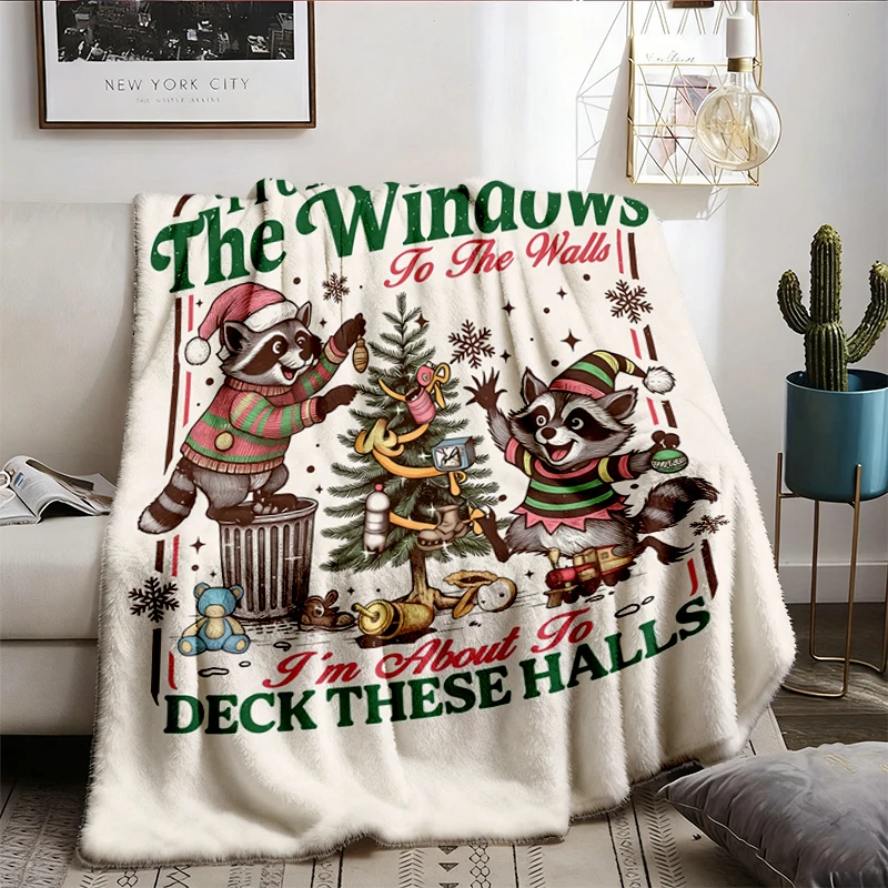 Retro Deck These Halls Flannel Blanket, Raccoon Christmas Throw, Womens Holiday Party Gift