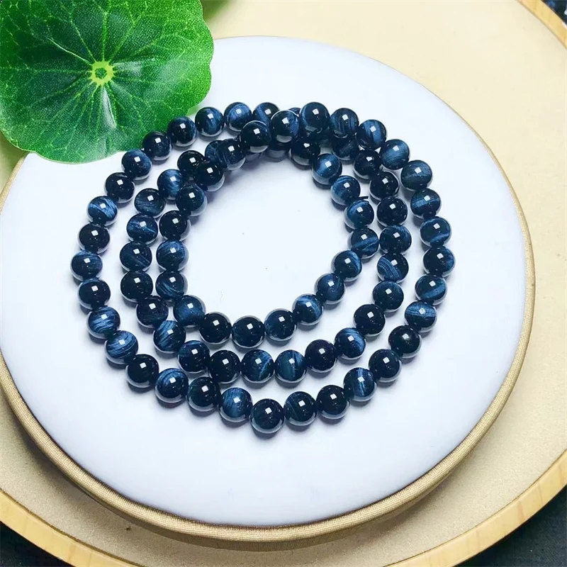 6MM Natural Blue Tiger Eye Stone Triple Circle Bracelet Fashion Gemstone Crystal Jewelry Bangle For Women Holiday Gift