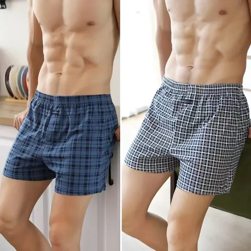 Plus Size 100% Cotton Plaid Boxer Shorts Men Widen Waist Elastic Underwear Loose High Waist Summer Thin Breathable Home Shorts image 3