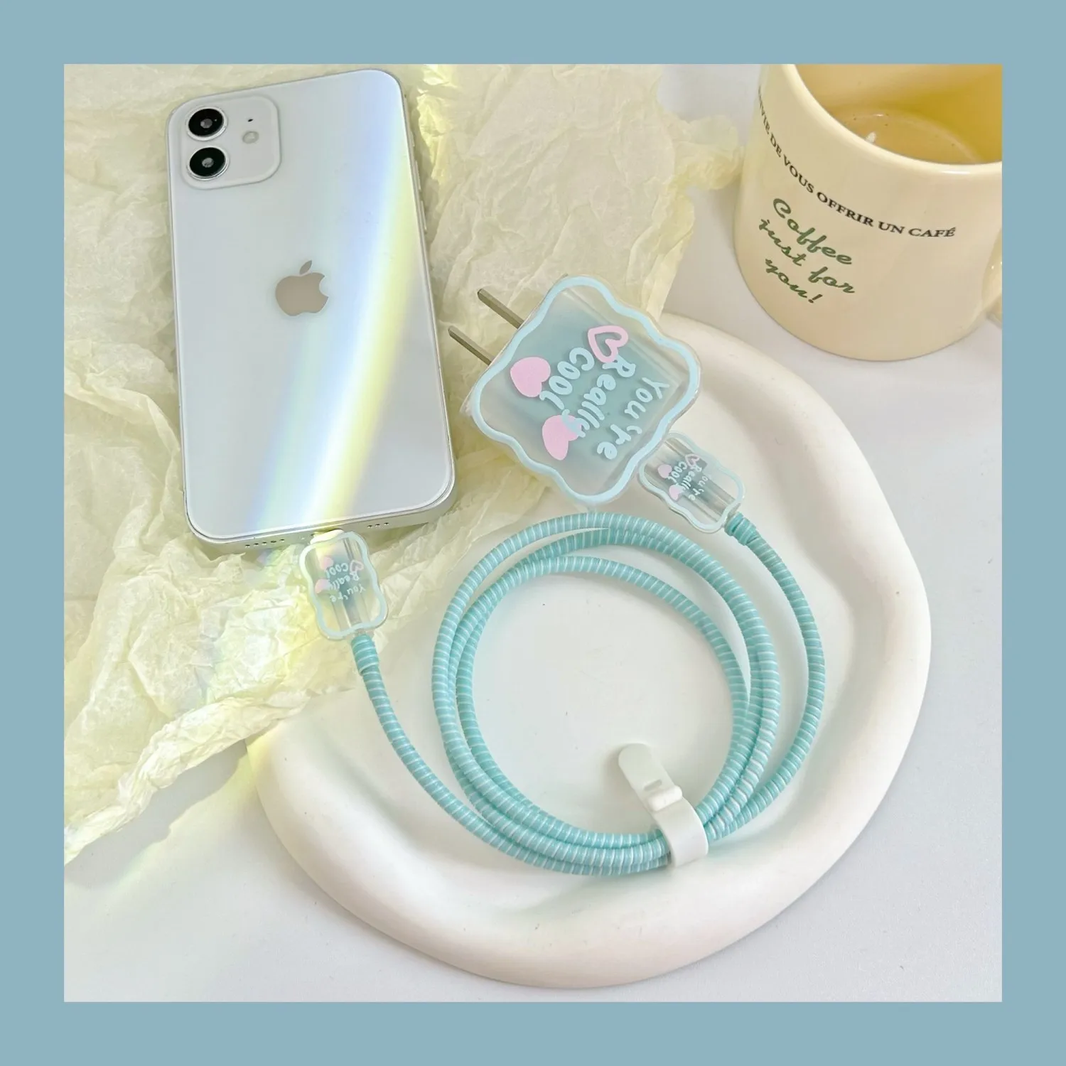 Charger Case for IPhone 12/13/14 20W/18W US Plug Cover Letter Heart Decor Gradient Cable Head Data Line Cord Protector Sleeve