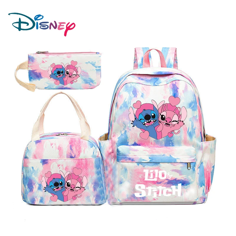 

Disney New Lilo and Stitch Rainbow Gradient Backpack for Students Three-piece Ins Backpack Anime Figure School Supplies