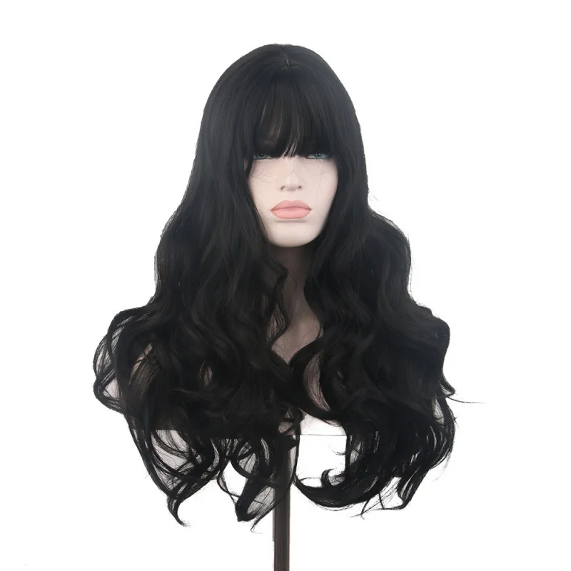 

Synthetic High-Temperature Fiber European and American Style Big Wave Long Curly Wig with Bangs for Women Full Head Wig Black Fl