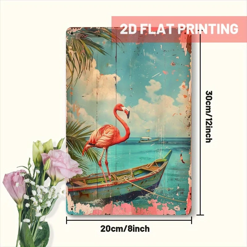 2D Flat, Vintage Pink Flamingo & Boat Metal Wall Sign - 8x12 Inch Rustic Iron Suitable for Living Room, Vacation Home,, or Coast