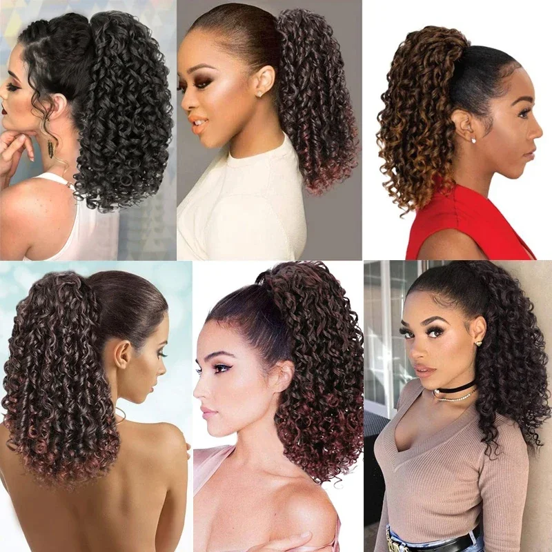 Short Kinky Curly Ponytail Hair Extensions Synthetic Fluffy Afro Curly Drawstring Ponytail Hairpiece Natural Fake Hair Pony Tail